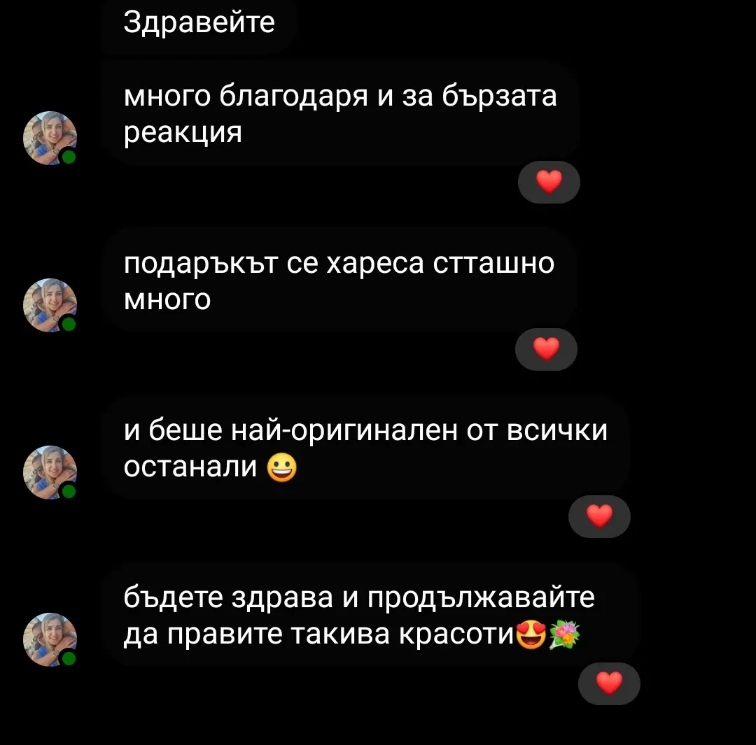 Бърза Реакция. Благодаря ви. Подаръка се хареаса страшно много и беше най-оригинален от всички. Правете такива красоти повече.