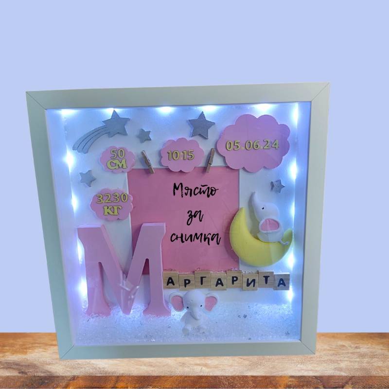 Персонализирана рамка с голяма буква за момиче с данни и име