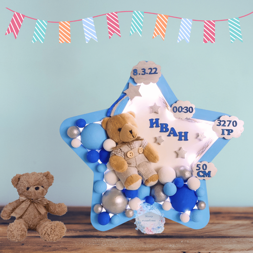 Пано звезда с плюшено мече за момченце в синьо
